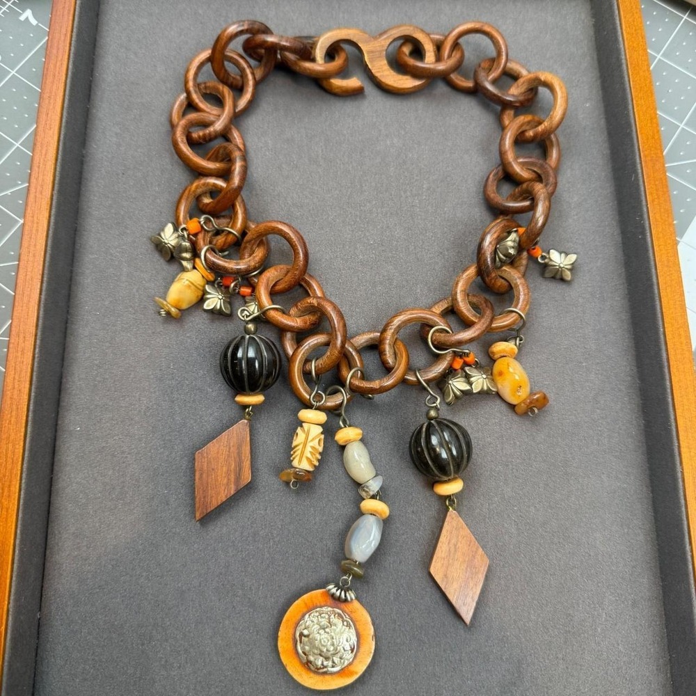 Wood Necklace Charm Pendant Chunky Link Bohemian Statement Artisan Jewelry